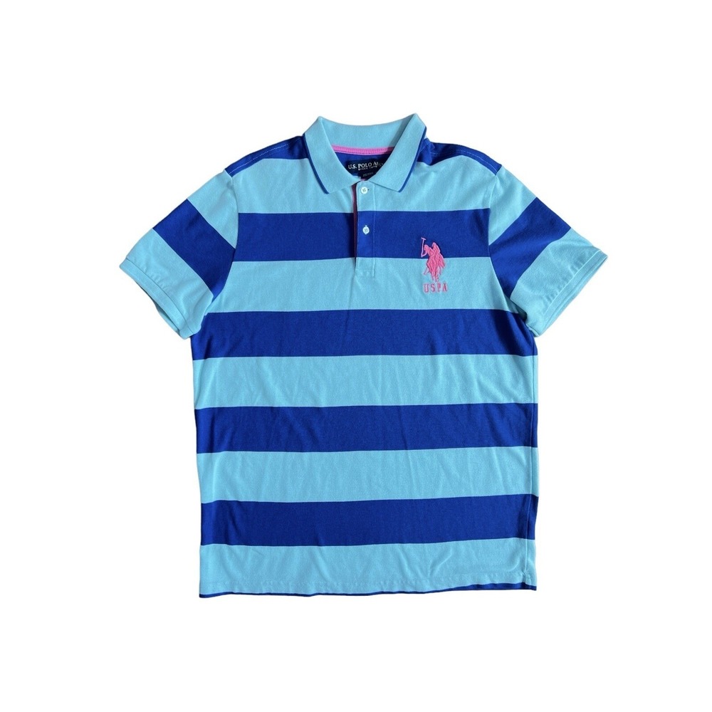 US Polo Assn Mens Large Blue Aqua Striped Short Sleeve Pique Polo Pink Logo